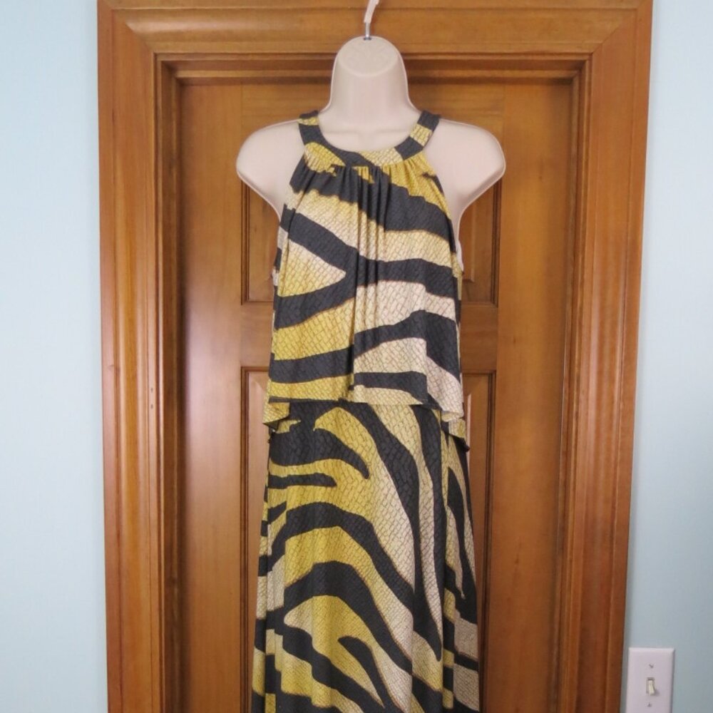 Chico's Sleeveless Halter Maxi Dress Brown/Shades of Yellow Knit